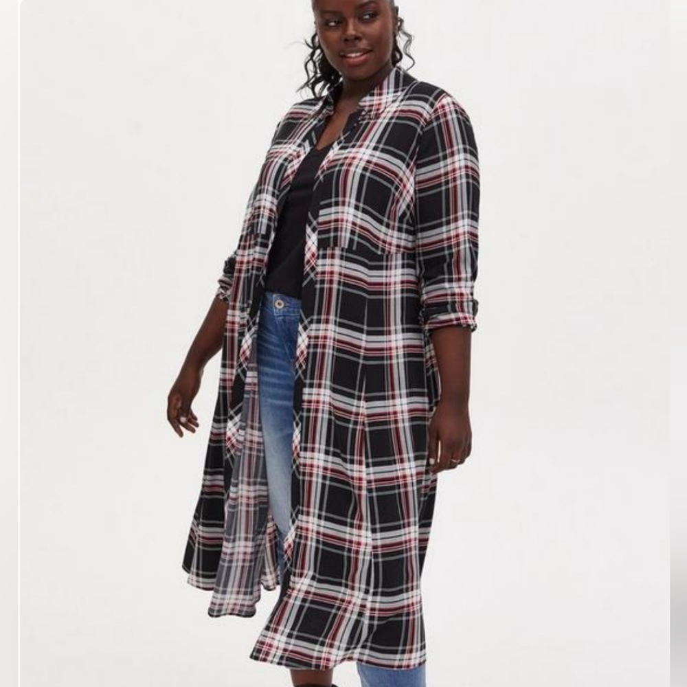 Torrid Plus Size Challis Maxi Shirt Style Kimono Women's 3X Black, Red, White